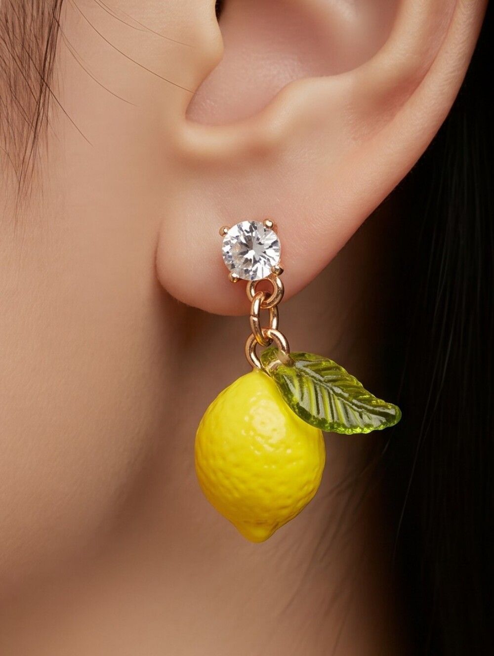 Lemon Drop Dangle Earrings Rhinestone Stud Fruit Charm Citrus Summer Cottagecore